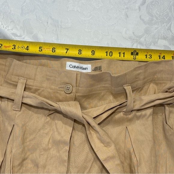 Calvin Klein Pants Womens 12 Straight Leg Ankle Linen Blend Belted Beige NWT - Picture 9 of 11